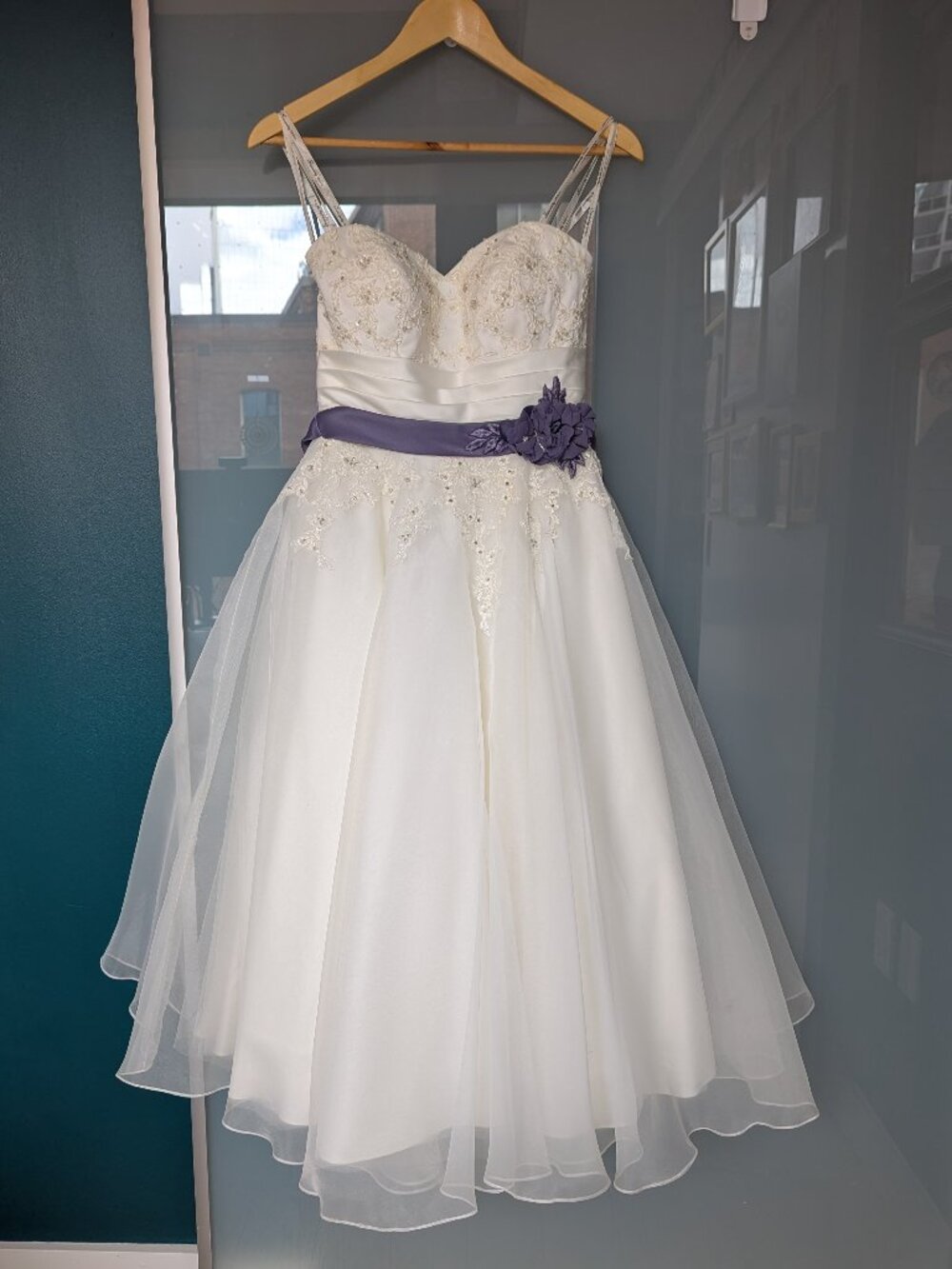 Ivory and Dusty Purple Tea-Length A-Line Wedding Dress, Sz 4